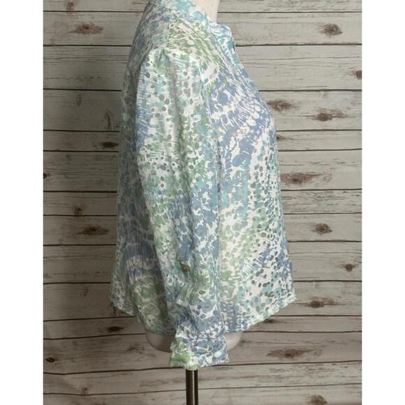 Ruby Rd multicolored V-neck roll tab sleeve semi sheer button-up top Size 14P - Picture 6 of 8